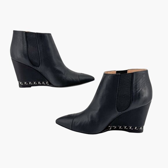 Chanel CC Black Leather Pointed Chain Wedge Ankle Boot Bootie Size 39.5 US 8.5-9 - Picture 10 of 16